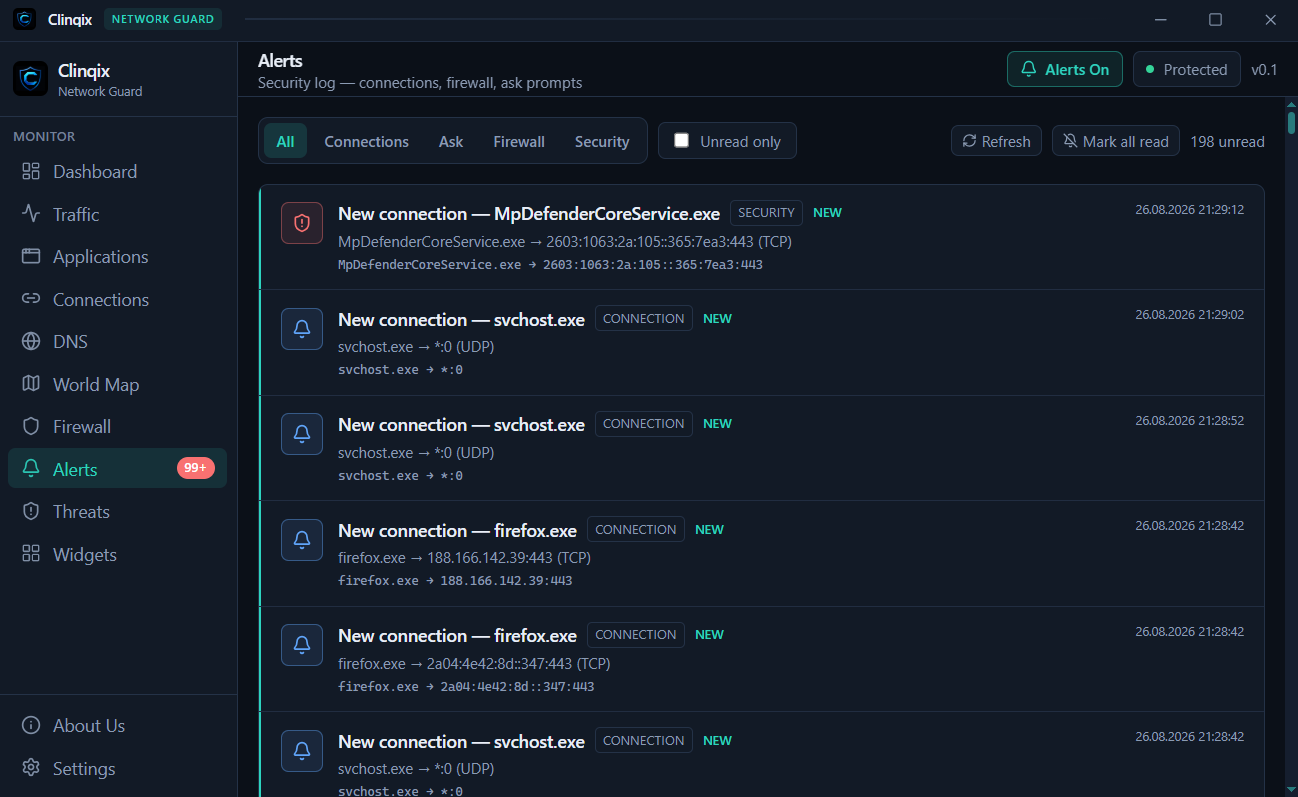 Security alert log listing new connections and firewall events in Clinqix